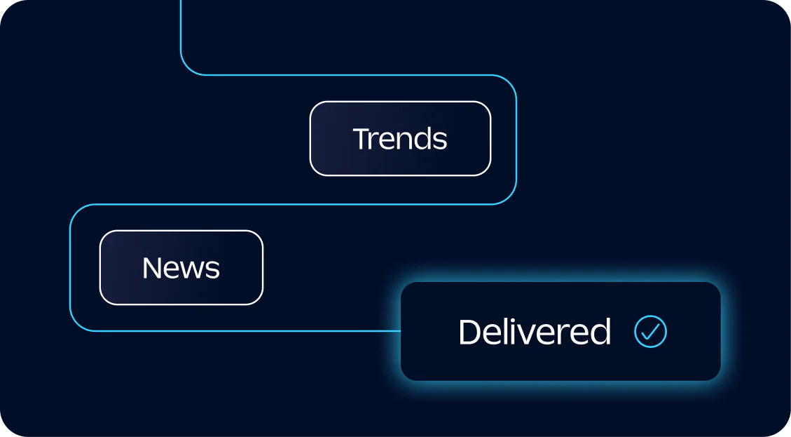 Flowchart showing News and Trends leading to Delivered on a dark background.